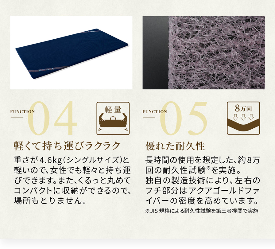 Function4 軽くて持ち運びラクラク  Function5 優れた耐久性
